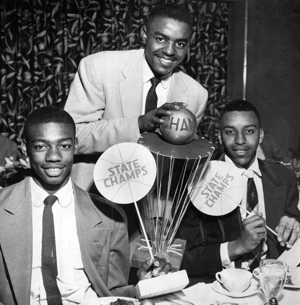 High school basketball stars from 1955: Oscar Robertson, Willie Hampton and Willie Merriweather of Crispus Attucks.