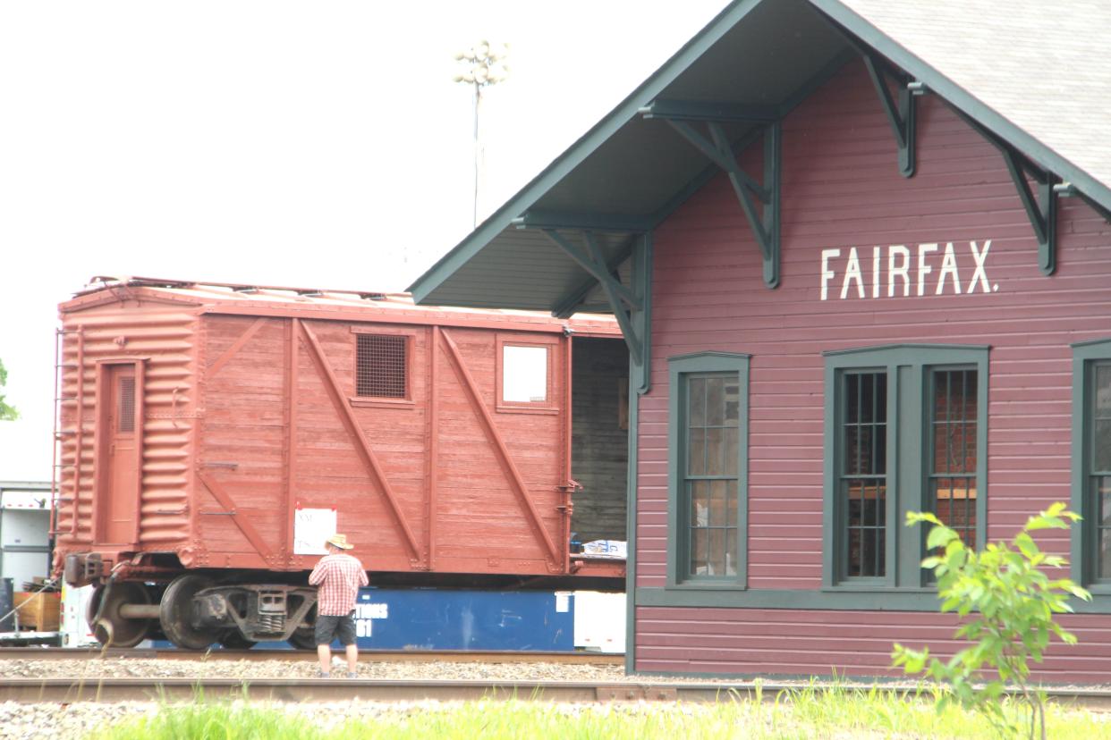 The movie "Killers Of The Flower Moon" includes numerous scenes filmed in Pawhuska but representing activity that took place in Fairfax. This train depot set, labeled "Fairfax," was actually located in Pawhuska for filming purposes.