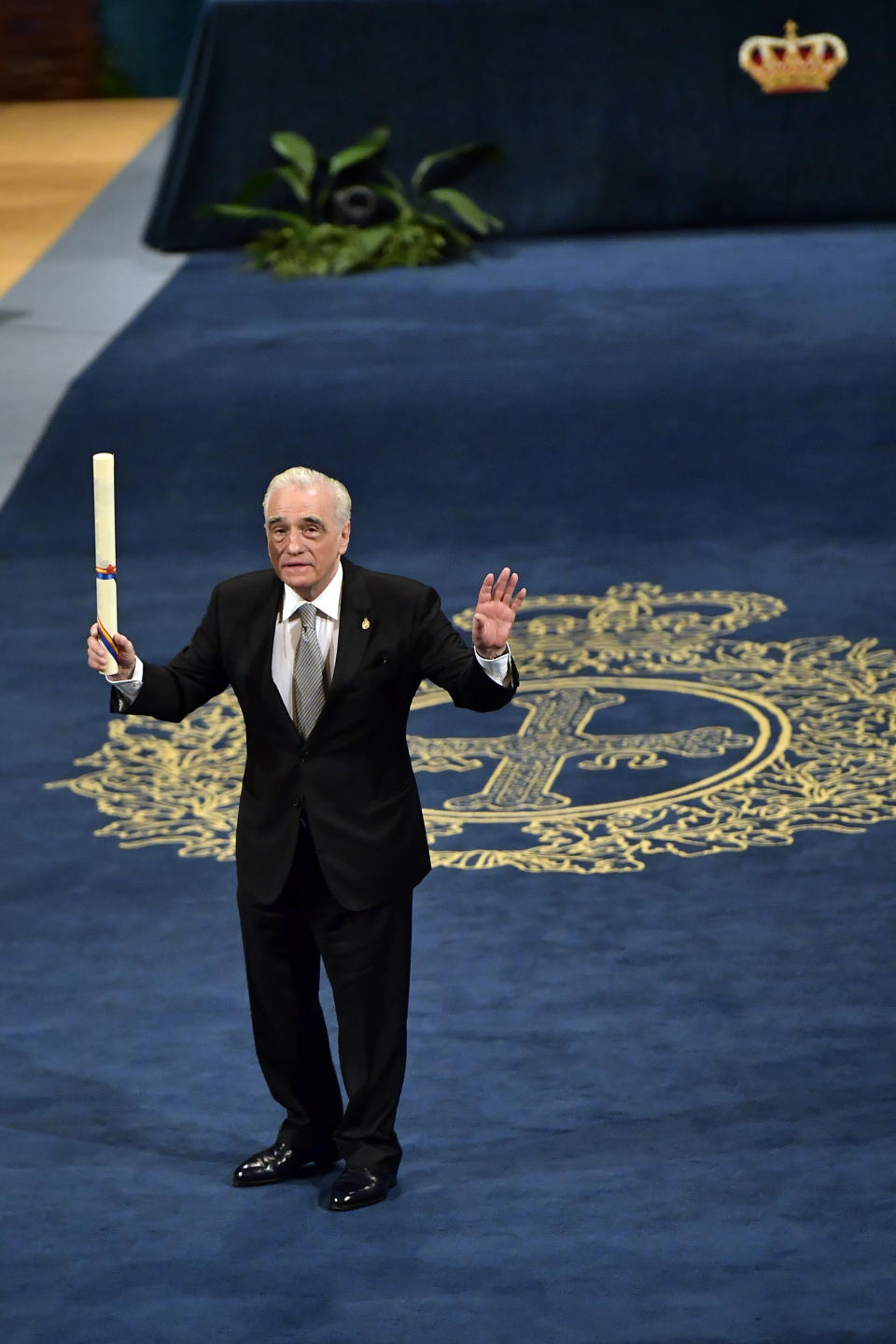 US film director Martin Scorsese gestures after receiving the Princess of Asturias Award for the Arts 2018 from Spain's King Felipe VI at a ceremony in Oviedo, northern Spain, Friday Oct. 19, 2018. (AP Photo/Alvaro Barrientos)