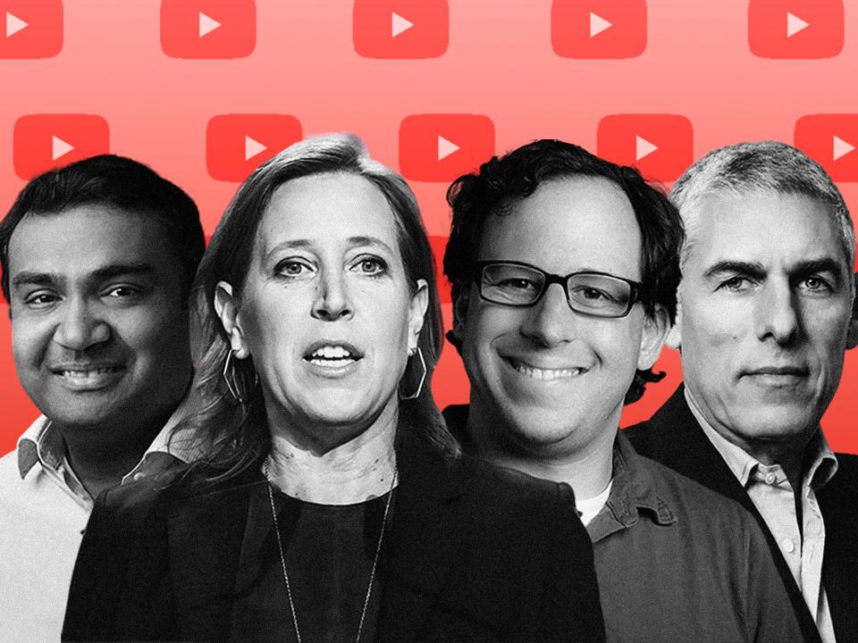 Four Youtube Execs with a red background with youtube logos