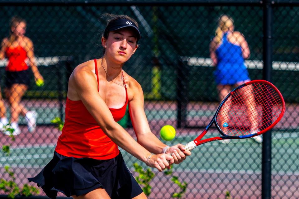 Old Rochester's Neva Matos, seen during the regular season against Fairhaven, won her first singles match on Tuesday against Medfield.