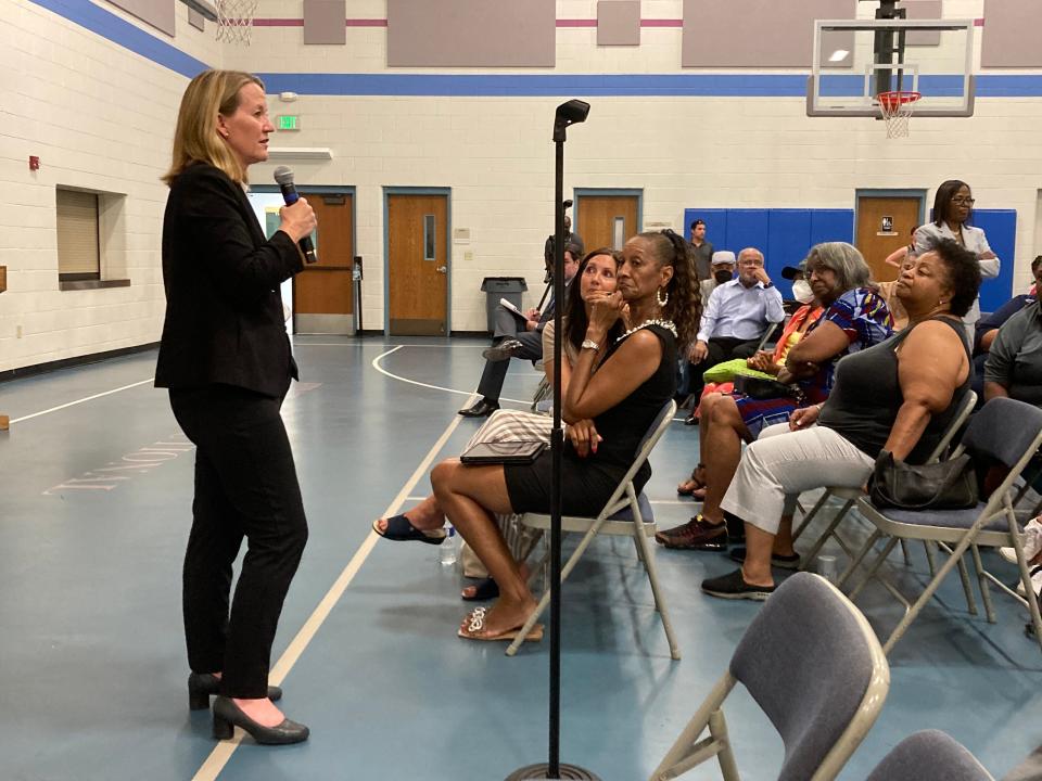 Arizona Attorney General Kris Mayes solicits public comments about the proposed Kroger-Albertsons merger during an Aug. 1, 2023, meeting at First Institutional Baptist Church in Phoenix.