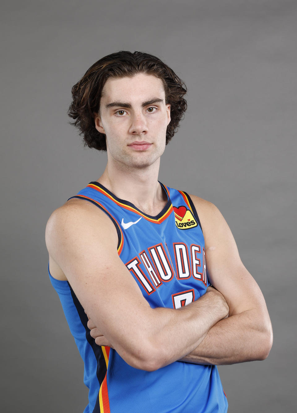 Oct 2, 2023; Oklahoma City, OK, USA; Oklahoma City Thunder guard Josh Giddey (3) poses for a photo during media day at Oklahoma City Convention Center. Mandatory Credit: Alonzo Adams-USA TODAY Sports