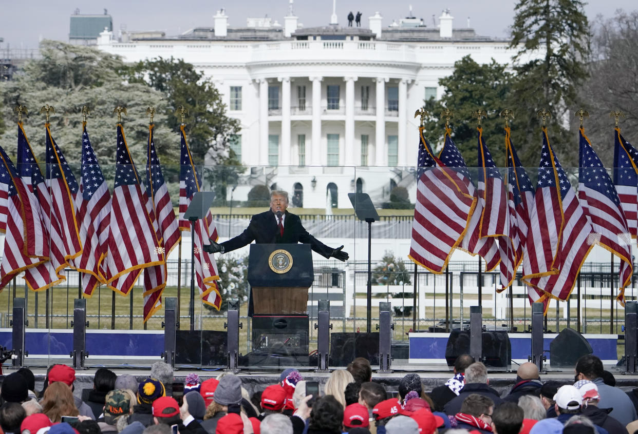 The White House in the background, President Donald Trump speaks at a rally in Washington, Jan. 6, 2021. (AP Photo/Jacquelyn Martin)