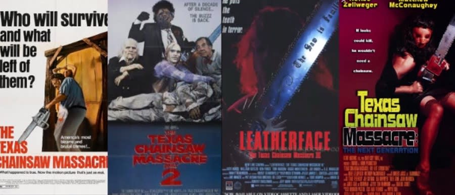 The movie posters for the first four Texas Chainsaw massacre franchise.