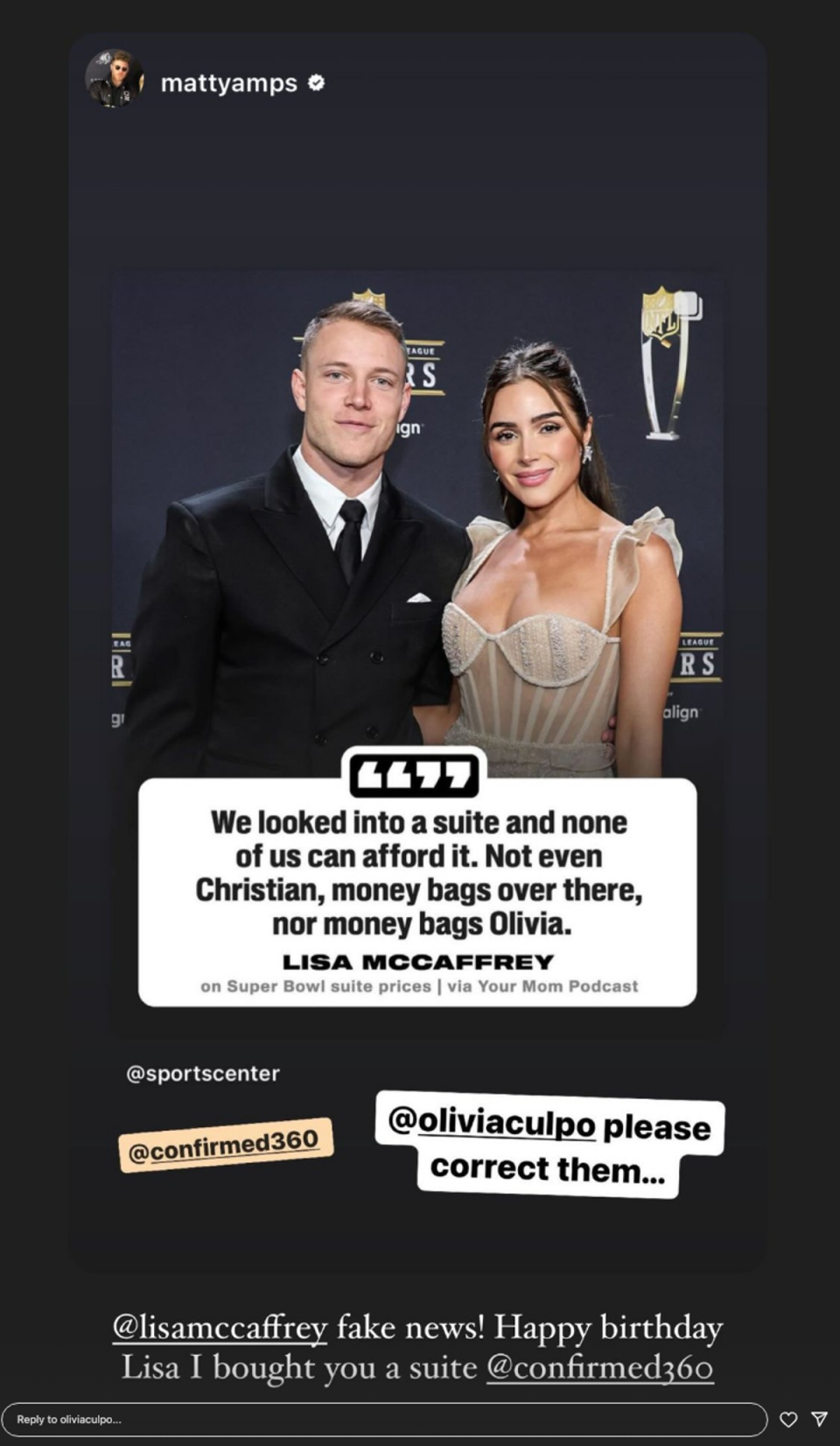 Olivia Culpo surprises fiancé Christian McCaffrey’s mother a Super Bowl 2024 suite (Instagram / Olivia Culpo)