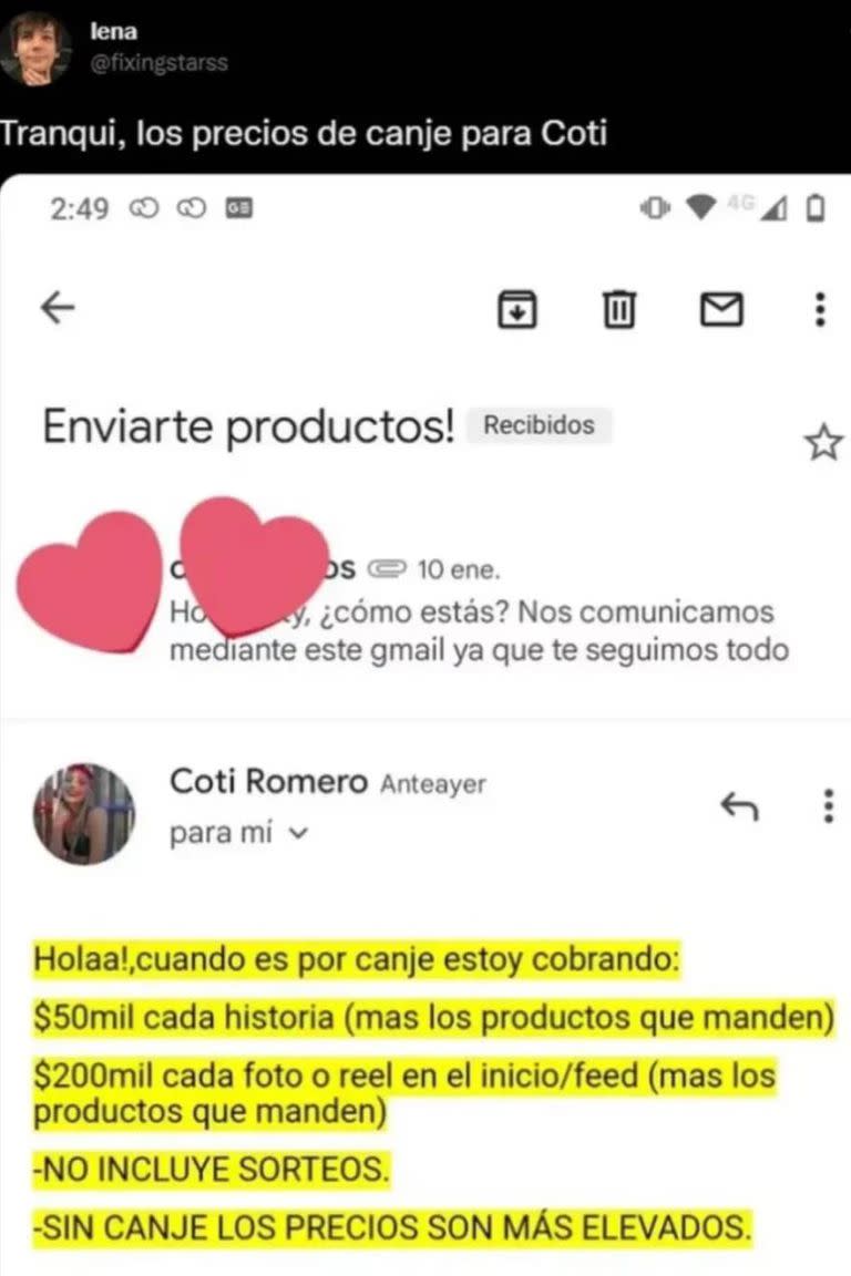 Se filtró una conversación en que Coti Romero cuenta cuánto cobra por canje de productos