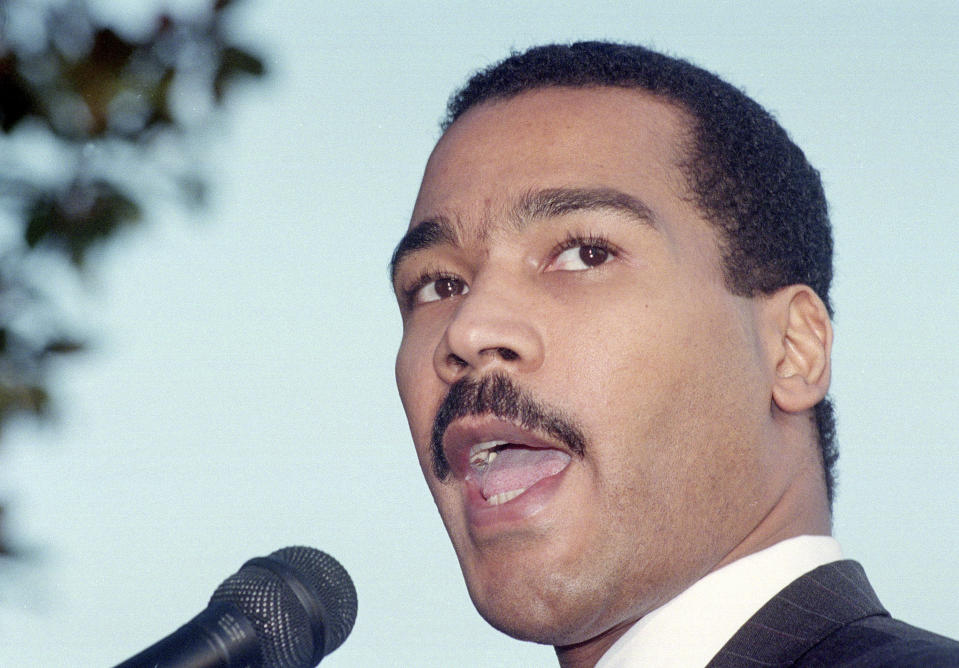 FILE - Dexter King, son of the the late Dr. Martin Luther King Jr., speaks at a news conference in Atlanta, Ga., Dec. 28, 1994. The King Center in Atlanta said the 62-year-old son of the civil rights leader died Monday, Jan. 22, 2024 at his California home after battling prostate cancer. (AP Photo/Leita Cowart, File)