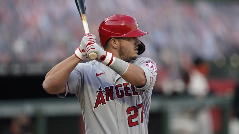 Los Angeles Angels' Mike Trout against the San Francisco Giants during a baseball game in San Francisco, Wednesday, Aug. 19, 2020. (AP Photo/Jeff Chiu)