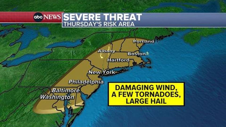 PHOTO: A severe threat of damaging winds, large hail and a few tornadoes is in the forecast from from Washington, D.C., to Portland, Maine, on July 27, 2023. (ABC News)