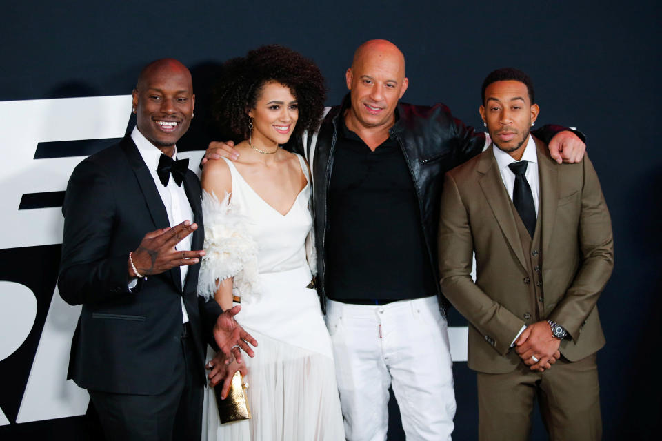 Actors Tyrese Gibson, Nathalie Emmanuell, Vin Diesel and Ludacris attend 'The Fate Of The Furious' New York premiere at Radio City Music Hall in New York, U.S. April 8, 2017. REUTERS/Eduardo Munoz