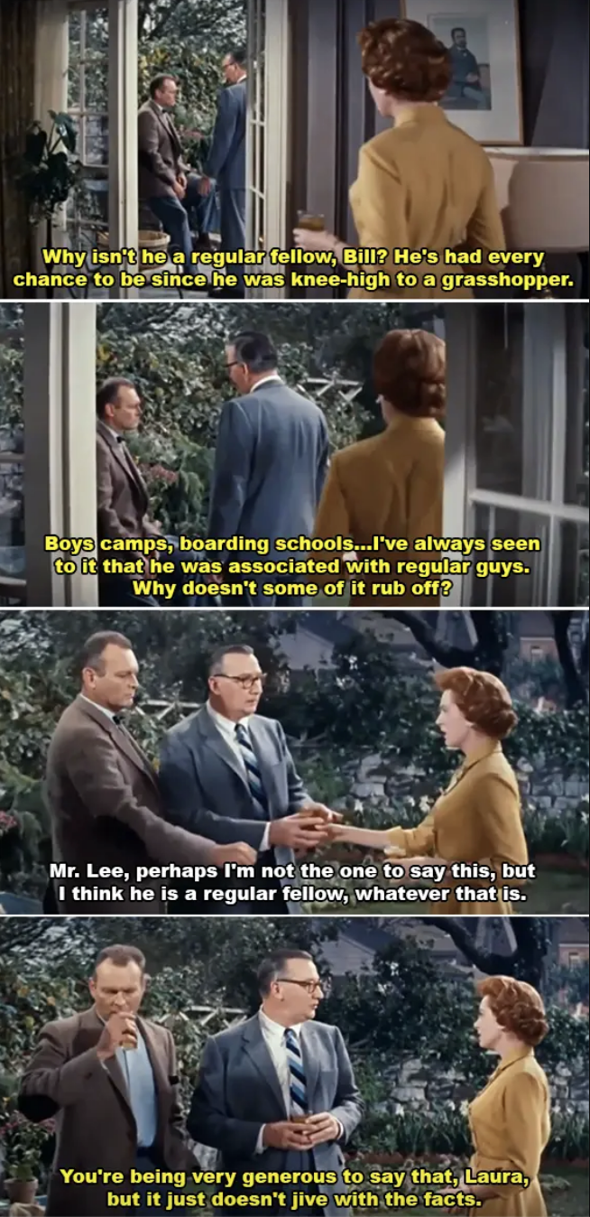 Four-frame scene of Mr. Lee, Laura, and Bill in a conversation about whether someone is a regular fellow, referencing his upbringing and behaviors