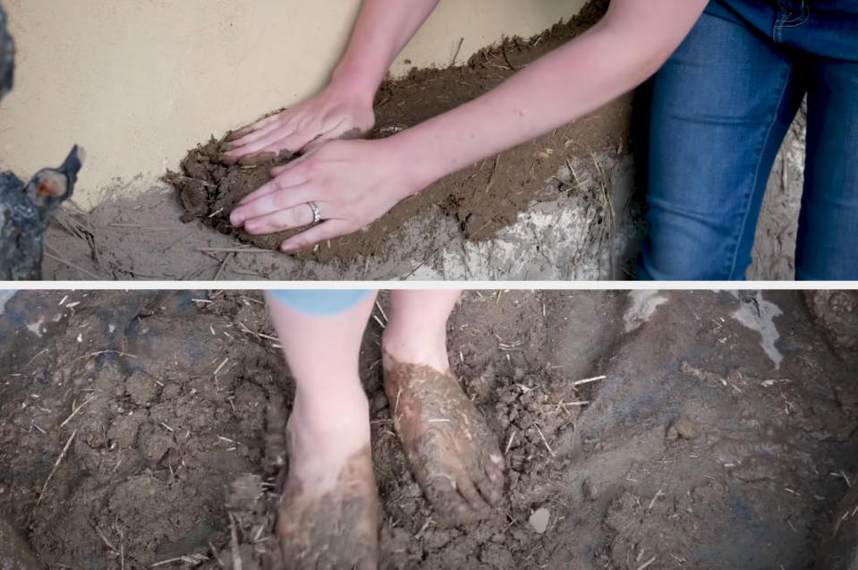 Someone demonstrates the construction process by mixing clay with their feet and patting it on the side of the home with their hands