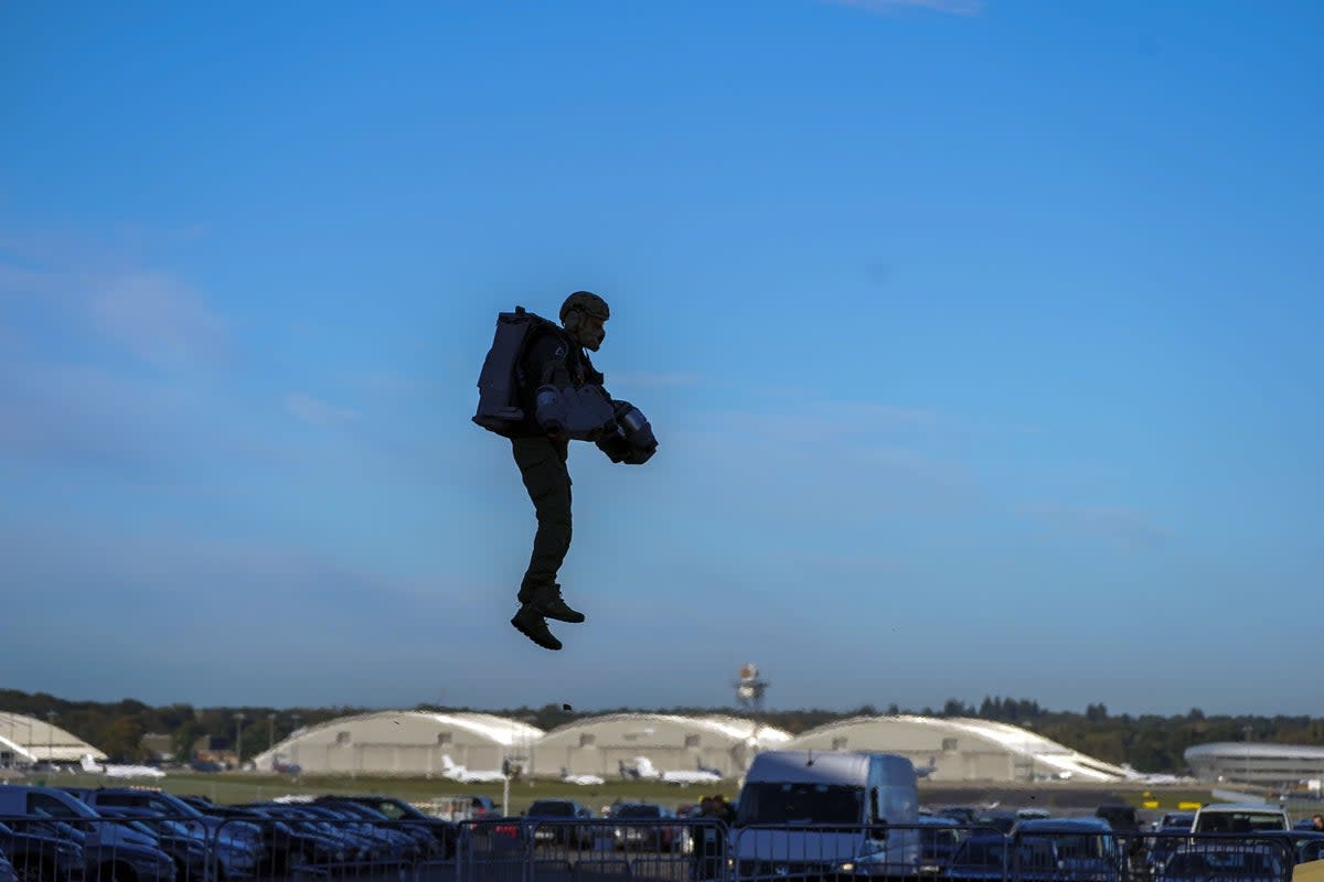 Richard Browning demonstrating the jet suit at Farnborough (Steve Parsons/PA) (PA Wire)