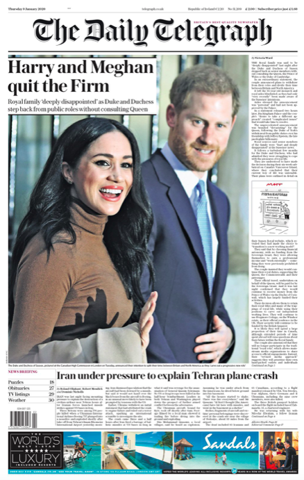 “The Daily Telegraph” schreibt, dass die Queen von Harry und Meghans Rückzug „überrumpelt“ wurde und „sehr traurig“ ist. Es heißt, das öffentliche Statement sei nicht durch den Palast genehmigt worden.