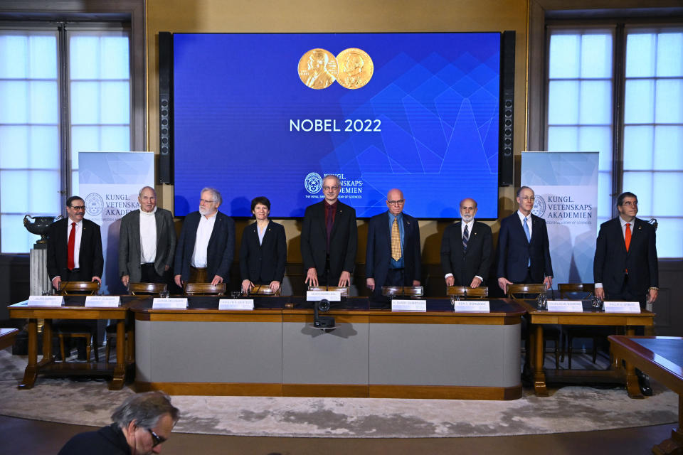 FILE - From left, Nobel Prize laureates Alain Aspect, (physics), John F. Clauser (physics), Anton Zeilinger (physics), Carolyn R. Bertozzi (chemistry), Morten Meldal (chemistry), K. Barry Sharpless (chemistry), Ben S. Bernanke (economics), Douglas W. Diamond (economics) and Philip H. Dybvig (economics) take part in a press conference at the Royal Swedish Academy of Science in Stockholm, Sweden, Wednesday, Dec. 7, 2022. Historically, the vast majority of Nobel Prize winners have been white men. Though that’s started to change, there is still little diversity among Nobel winners, particularly in the science categories. (Claudio Bresciani//TT News Agency via AP, File)