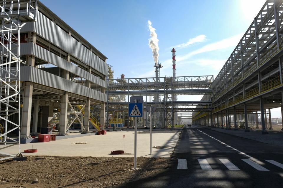 A view of PetroKazakhstan Oil Products LLP, the oil refinery based in Shymkent, Kazakhstan, Wednesday, Sept. 26, 2018. The western region of Kazakhstan where the protests started also produces oil and gas. The refinery produces several grades of high-quality petrol and diesel, vacuum gasoil, heavy fuel oil, jet fuel, liquefied gas, industrial grade flake sulphur gas. The design hydrocarbons refining capacity is 6.0 million tonnes per year. (AP Photo/Vladimir Tretyakov)