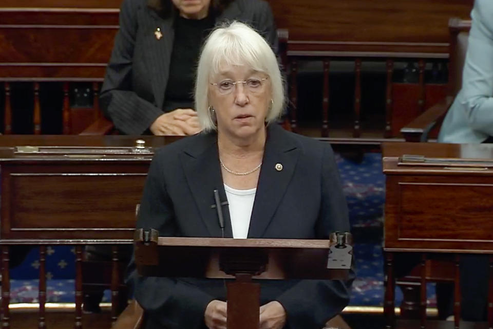 This image from U.S. Senate video, Sen. Patty Murray, D-Wash., speaks about the late Sen. Dianne Feinstein in the Senate chamber on Friday, Sept. 29, 2023, in Washington. In tributes to Feinstein after her death, her female colleagues talked about her indomitable, fierce intelligence and how she had paved the way for so many women. Feinstein was the first female mayor of San Francisco, one of California’s first two female senators and the first female chairwoman of the Senate Intelligence Committee. (Senate Television via AP)