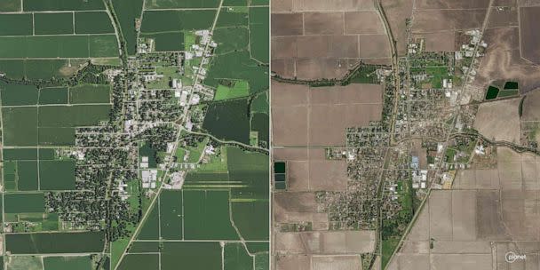 PHOTO: This combination of handout aerial images released by Planet Labs PBC shows the town of Rolling Fork, Mississippi, on July 13, 2020, and damage to the town on March 25, 2023, after a tornado touched down on March 24, 2023. (Planet Labs PBC/AFP via Getty)