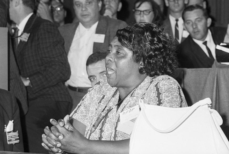 Fannie Lou Hamer speaks at a credential meeting prior to the formal meeting of the Democratic National Convention on Aug. 22, 1964, in Atlantic City, N.J.<span class="copyright">Bettmann Archive</span>