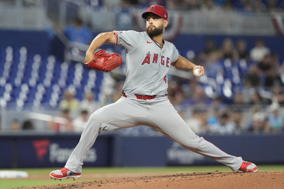 Los Angeles Angels starting pitcher Patrick Sandoval (43) throws during the first inning of a baseball game against the Miami Marlins, Wednesday, April 3, 2024, in Miami. (AP Photo/Marta Lavandier)
