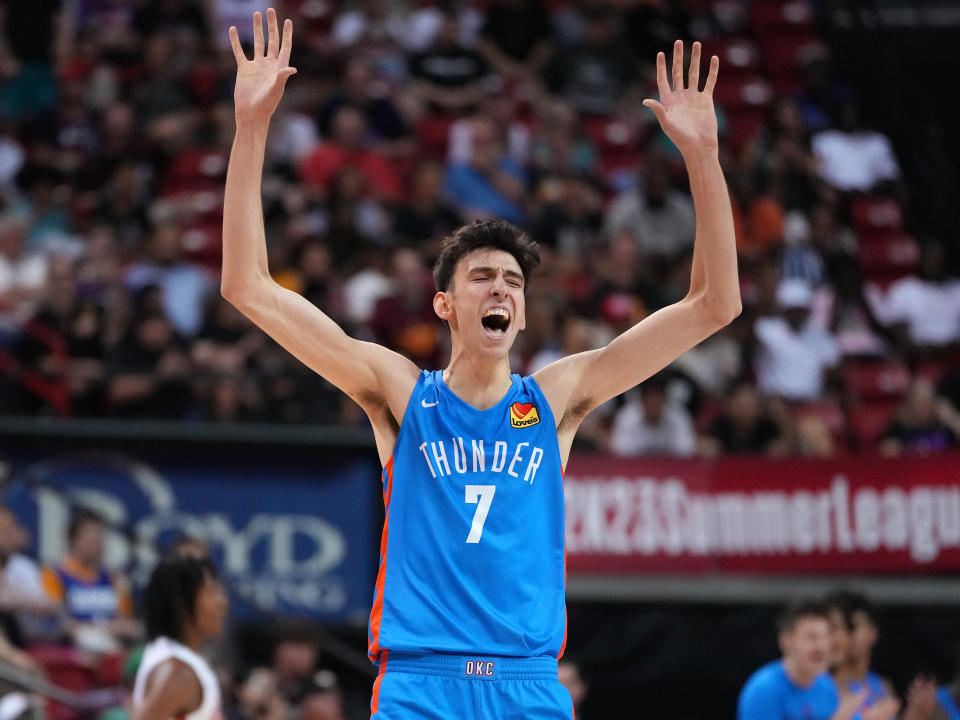 Jul 9, 2022; Las Vegas, NV, USA; Oklahoma City Thunder forward Chet Holmgren (7) reacts after a scoring play against the Houston Rockets during an NBA Summer League game at Thomas &amp; Mack Center. Mandatory Credit: Stephen R. Sylvanie-USA TODAY Sports