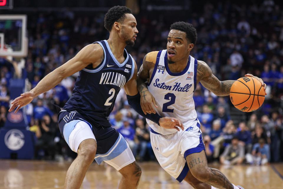 Seton Hall guard Al-Amir Dawes drives against Villanova guard Mark Armstrong during the second half Wednesday at Prudential Center in Newark.