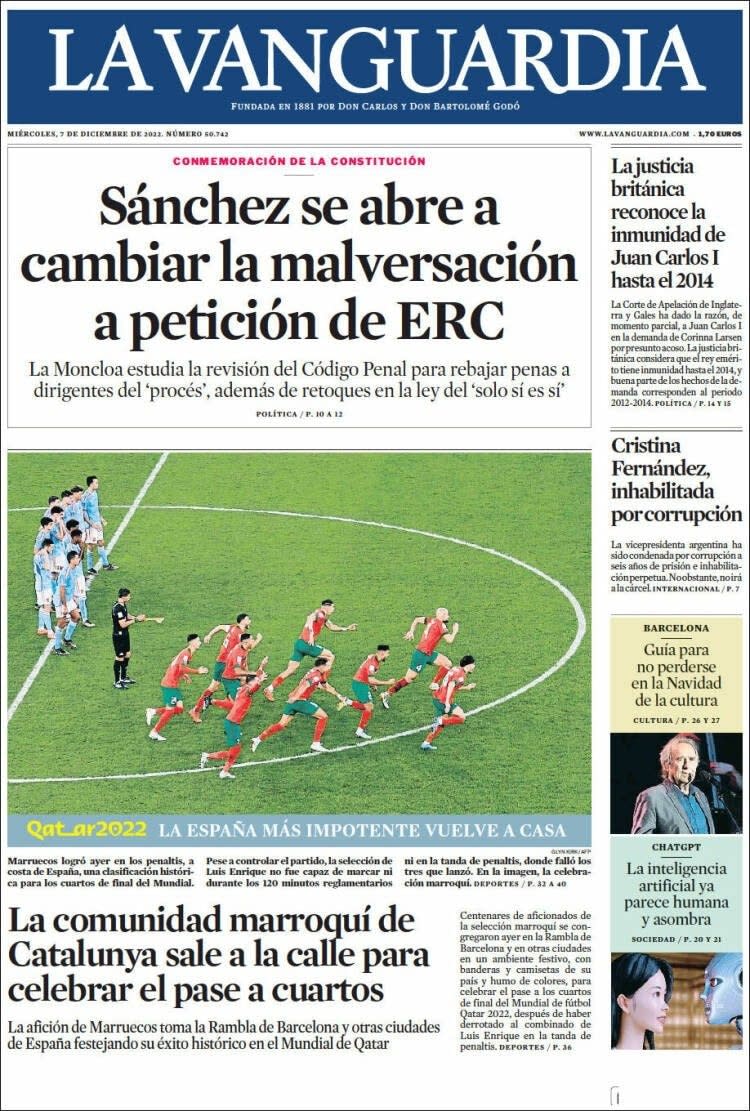 Front page of La Vanguardia
