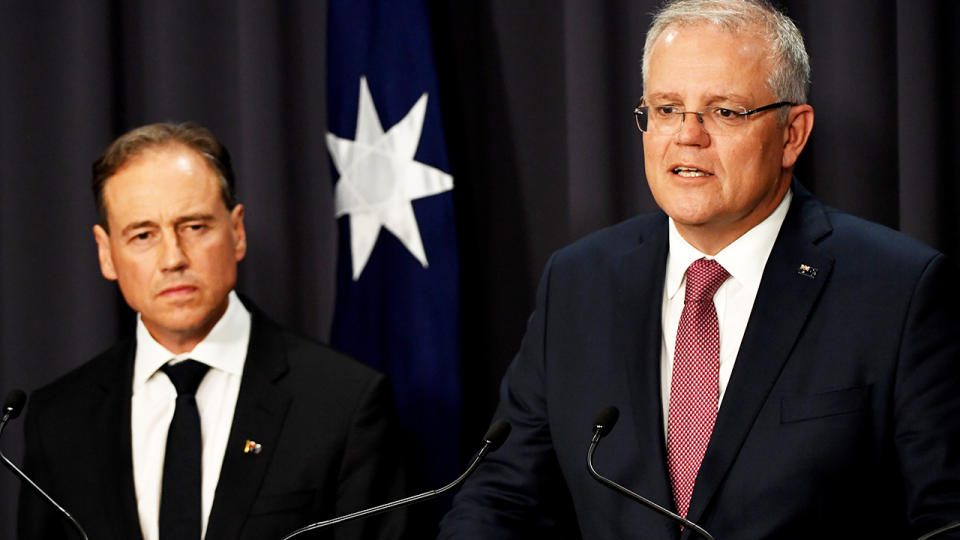 Greg Hunt and Scott Morrison, pictured here addressing the media about the coronavirus crisis.