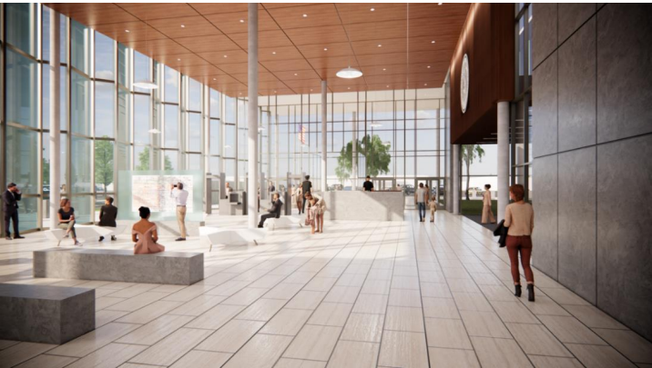 Rendering of the planned single-entry secure lobby area after renovations to the old jail.