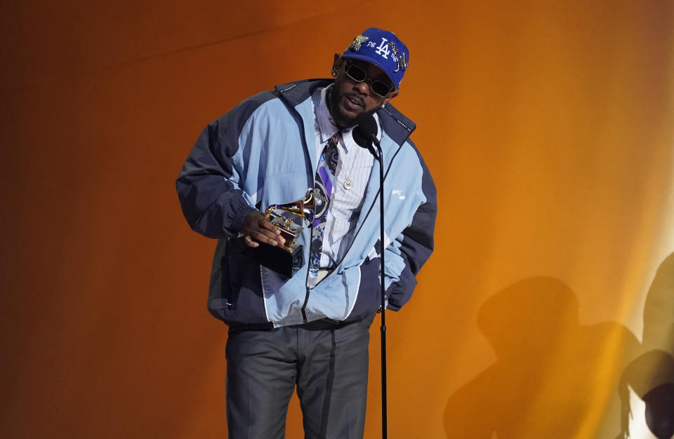 Kendrick Lamar accepts the award for best rap album for "Mr. Morale & The Big Steppers at the 65th annual Grammy Awards on Sunday, Feb. 5, 2023, in Los Angeles. (AP Photo/Chris Pizzello)