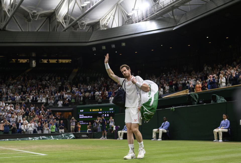 <p>Andy Murray waves to the crowd after being defeated by Denis Shapovalov in the third round of the Gentlemen's Singles on Centre Court on day five of Wimbledon at The All England Lawn Tennis and Croquet Club, Wimbledon. Picture date: Friday July 2, 2021.</p>
