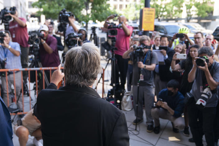 Former White House strategist Steve Bannon speaks with reporters as he departs federal court on Wednesday, July 20, 2022, in Washington. Bannon, a one-time adviser to former President Donald Trump, faces criminal contempt of Congress charges after refusing for months to cooperate with the House committee investigating the Jan. 6, 2021, Capitol insurrection. (AP Photo/Alex Brandon)