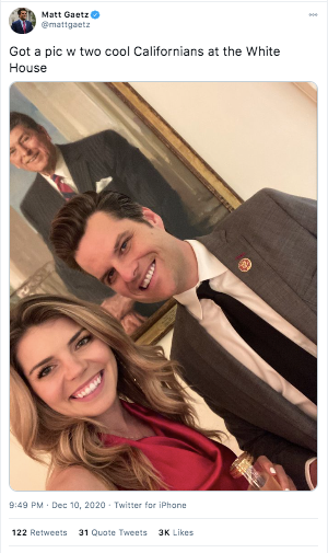 Matt Gaetz and his fiance, Ginger Luckey, at the White House in December.