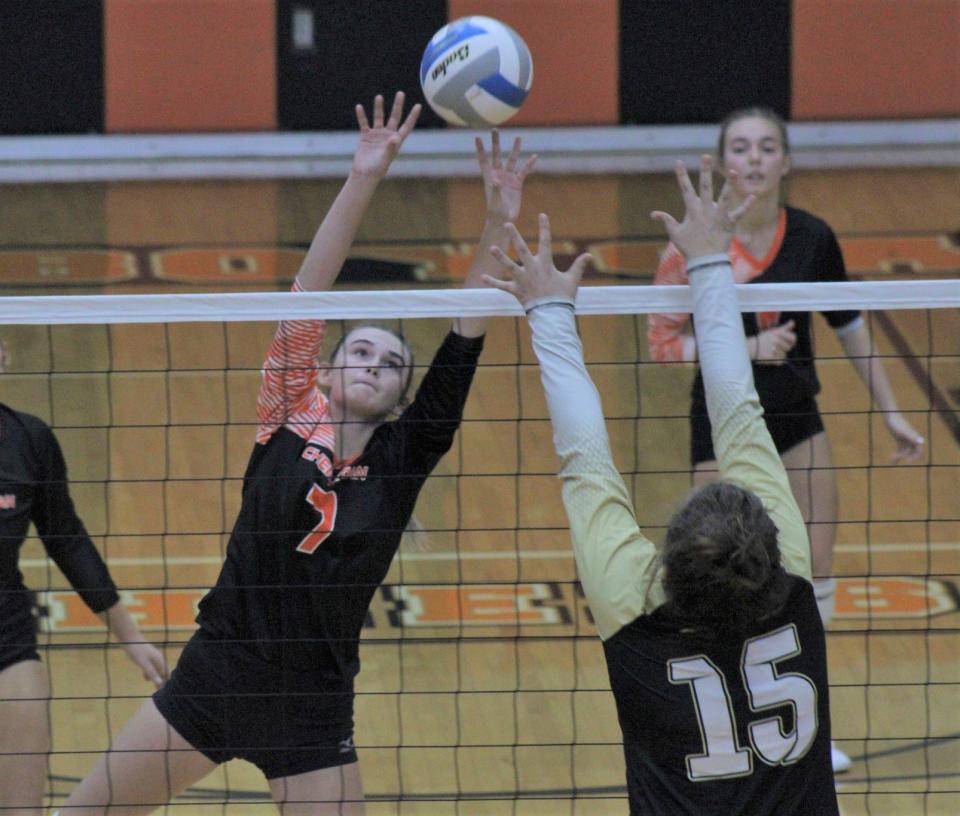 Amelia Johnson (left) and the Cheboygan volleyball team fell just short in a non-conference loss at Ogemaw Heights on Thursday, Oct. 12.
