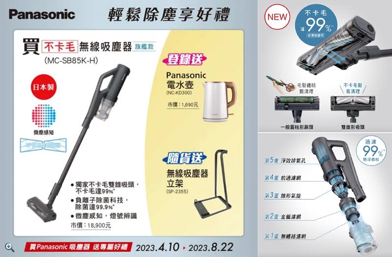 ▲Panasonic 無纏結毛髮吸塵器 MC-SB85K-H，隨貨送吸塵器立架、登錄送國際牌電水壺，即日起至7/31，原價$18,900，活動價$15,618。（圖片來源：Yahoo購物中心）