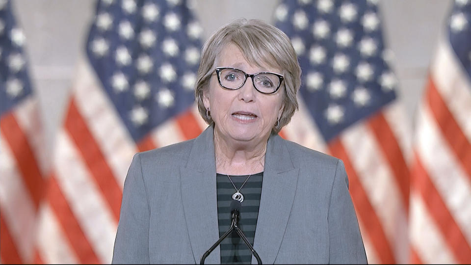 In this image from video, Cris Peterson of Grantsburg, Wis., speaks from Washington, during the second night of the Republican National Convention on Tuesday, Aug. 25, 2020. (Courtesy of the Committee on Arrangements for the 2020 Republican National Committee via AP)