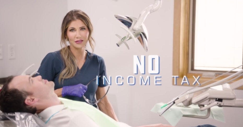 This "Freedom Works Here" campaign video features Gov. Kristi Noem ready to perform a dental cleaning as she talks about the state not having an income tax and that they accept most out-of-state licenses.