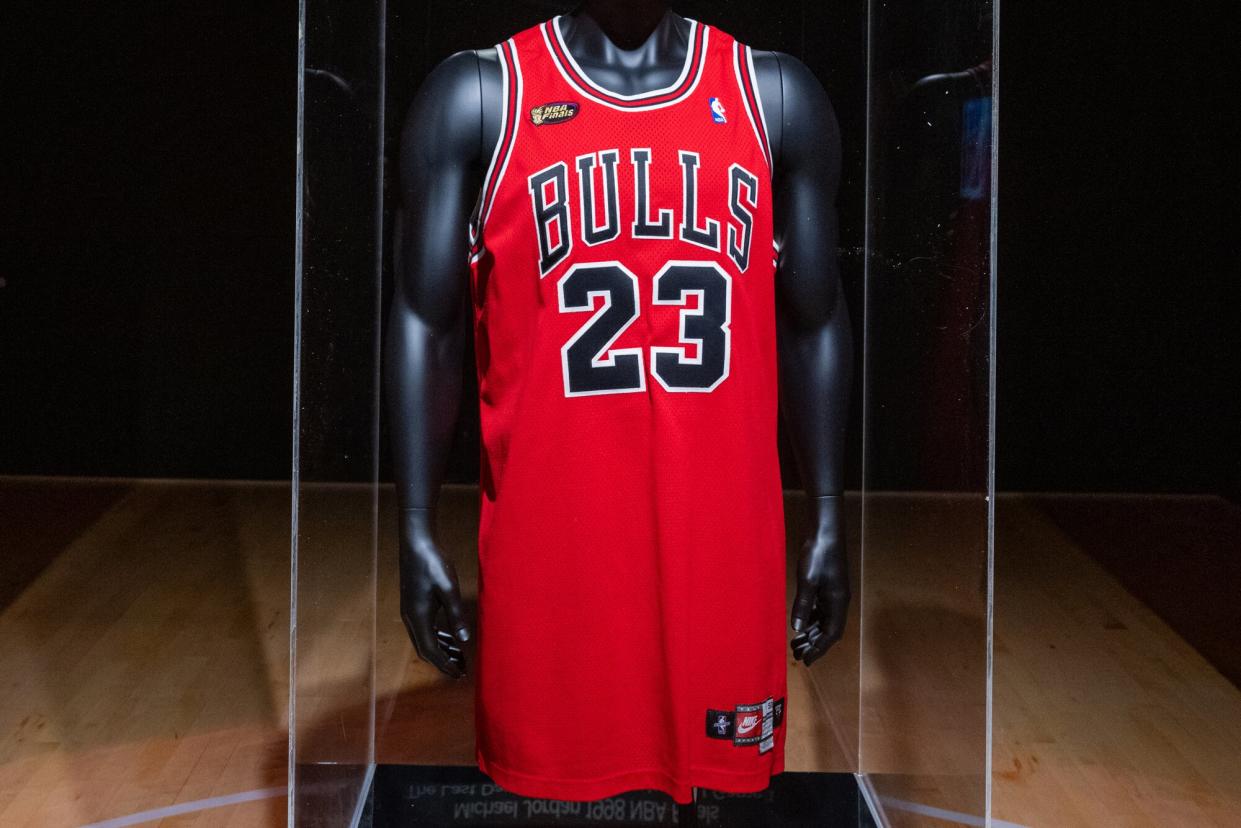 Michael Jordan’s game-worn 1998 NBA Finals ‘The Last Dance’ jersey from game 1 is on display during a press preview at Sotheby's on September 06, 2022 in New York City. The jersey is expected to achieve $3-5 million  during the Invictus sports auction which will be held from September 6-14.