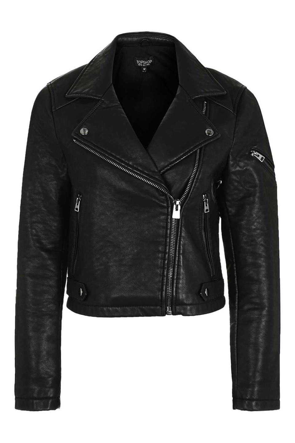 <a href="http://us.topshop.com/en/tsus/product/faux-leather-biker-jacket-5845385" target="_blank">Topshop</a> Faux Leather Biker Jacket, $100