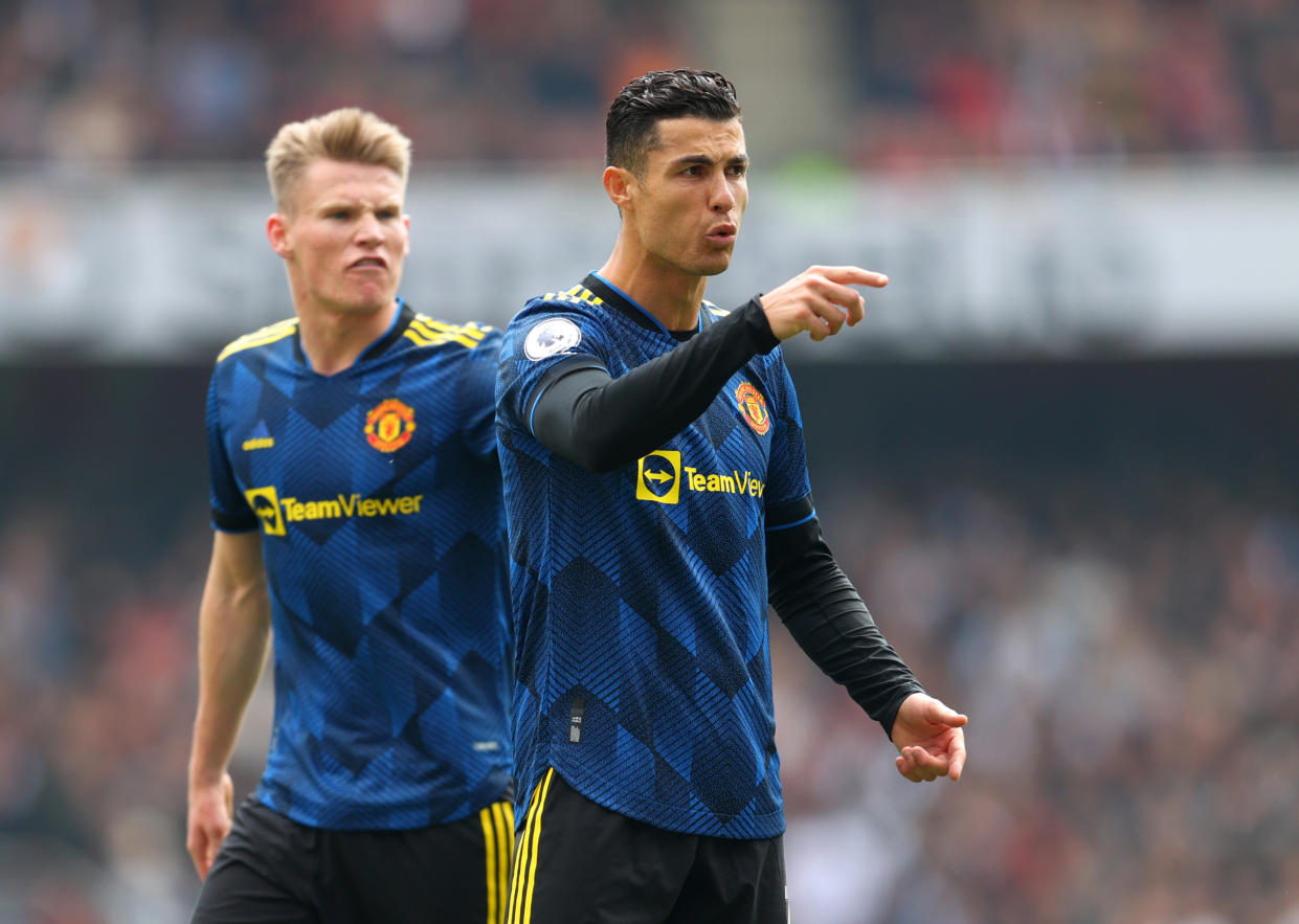 LONDON, ENGLAND - APRIL 23: Cristiano Ronaldo of Manchester United reacts during the Premier League match between Arsenal and Manchester United at Emirates Stadium on April 23, 2022 in London, England. (Photo by Catherine Ivill/Getty Images)