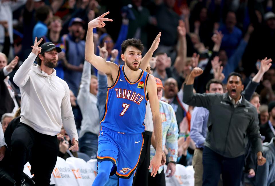 Oklahoma City Thunder forward Chet Holmgren (7) celebrates a 3-point basket late in the fourth quarter of the NBA basketball game between the Oklahoma City Thunder and the Denver Nuggets at Paycom Center in Oklahoma City, Wednesday, Jan. 31, 2024.