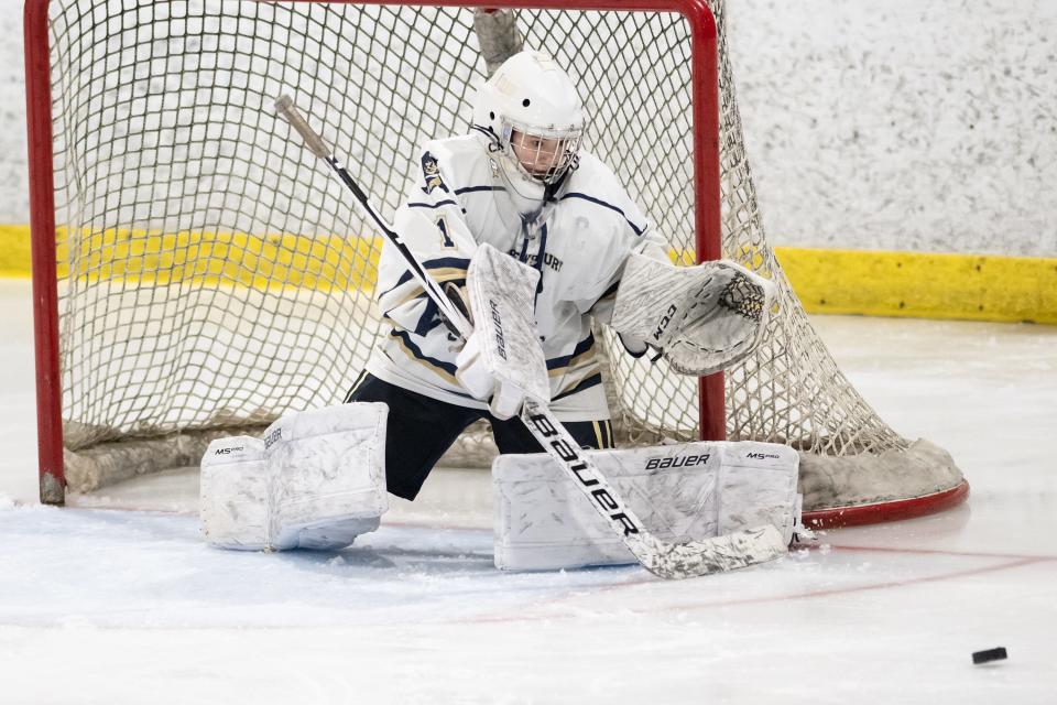 Shrewsbury goalie Risa Montoya keeps her eye on the puck against Old Rochester during the state tournament in March.