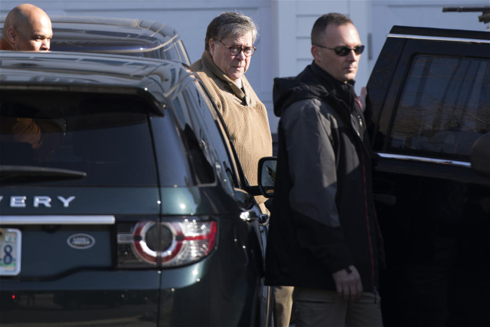 Attorney General William Barr leaves his home in McLean, Va., on Saturday morning, March 23, 2019. Special counsel Robert Mueller closed his long and contentious Russia investigation with no new charges, ending the probe that has cast a dark shadow over Donald Trump's presidency. (AP Photo/Sait Serkan Gurbuz)