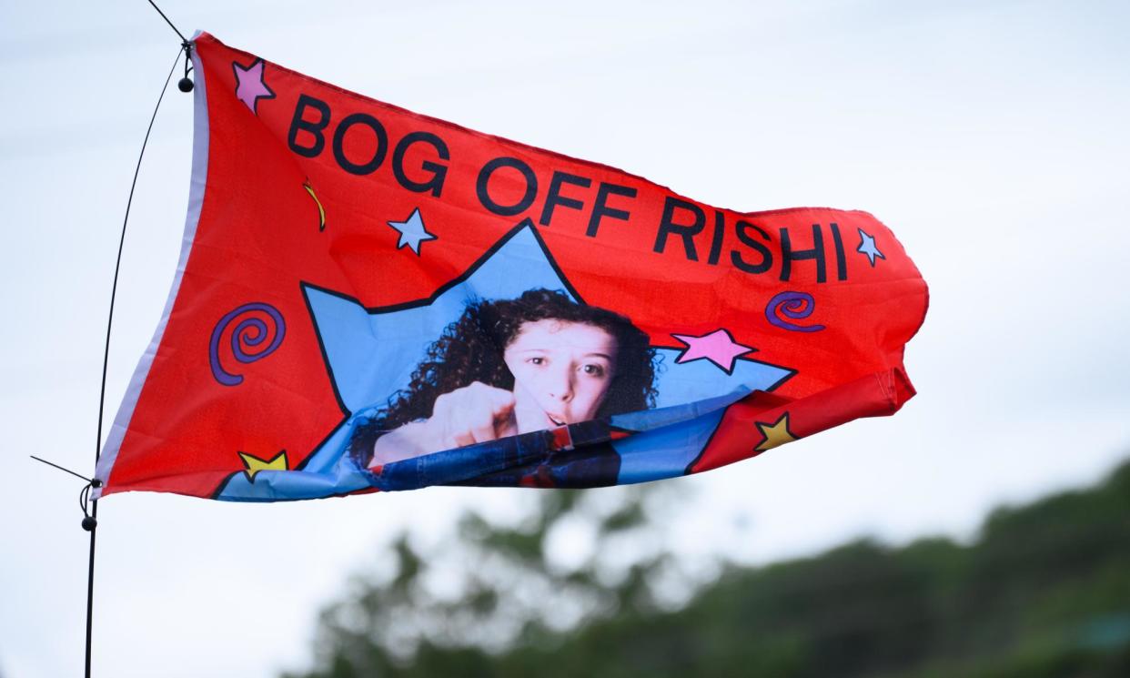 <span>A flag seen at the Pyramid Stage on Sunday at Glastonbury.</span><span>Photograph: Joe Maher/Getty Images</span>