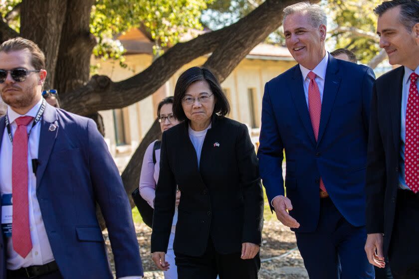 SIMI VALLEY, CA - APRIL 05: House Speaker Kevin McCarthy, 2nd from right, receives Taiwan President Tsai Ing-wen, 2nd from left, at Ronald Reagan Presidential Library on Wednesday, April 5, 2023 in Simi Valley, CA. (Irfan Khan / Los Angeles Times)