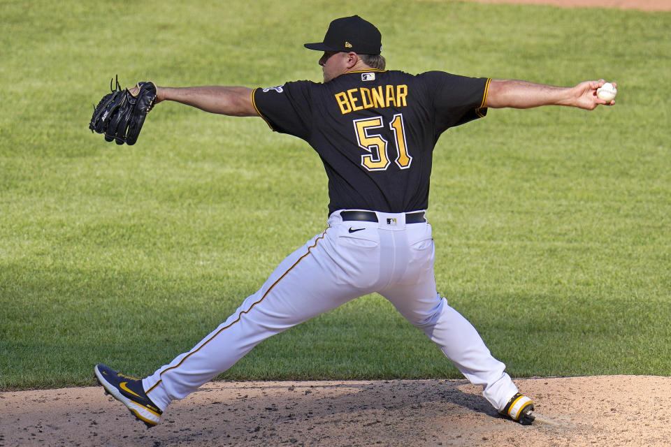 Pittsburgh Pirates relief pitcher David Bednar delivers during the ninth inning of a baseball game against the Detroit Tigers in Pittsburgh, Monday, Sept. 6, 2021. (AP Photo/Gene J. Puskar)