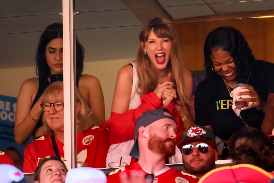 Taylor Swift, center, attended the Kansas City Chiefs NFL football game against the Chicago Bears with Travis Kelce's mother, Donna Kelce, at lower left, Sunday, Sept. 24, 2023 in Kansas City, Mo. (AP Photo/Reed Hoffmann)