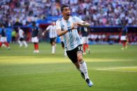 <p>Angel Di Maria of Argentina celebrates after scoring a stunner from 30 yards to make it 1-1 before half-time </p>