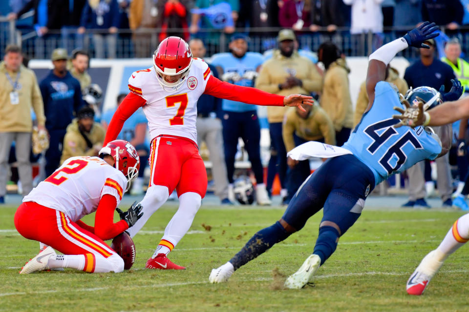Two bizarre blown Chiefs field goals in the final minutes helped the Titans rally for a wild victory on Sunday. (Jim Brown/USA Today)